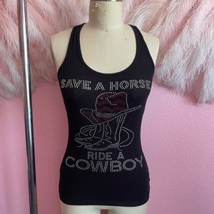 “Save a horse ride a cowboy” Black Rhinestone Tank Top